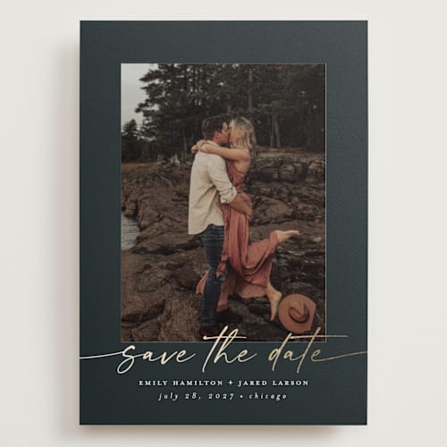 This is a midnight foil stamped save the date cards with foil pressed by Nicole Walsh called wrapped printing on recycled smooth signature in grand