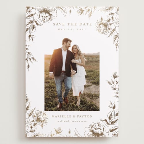 This is a wheat foil stamped save the date cards with foil pressed by Chris Griffith called wildflower date printing on recycled smooth signature in grand