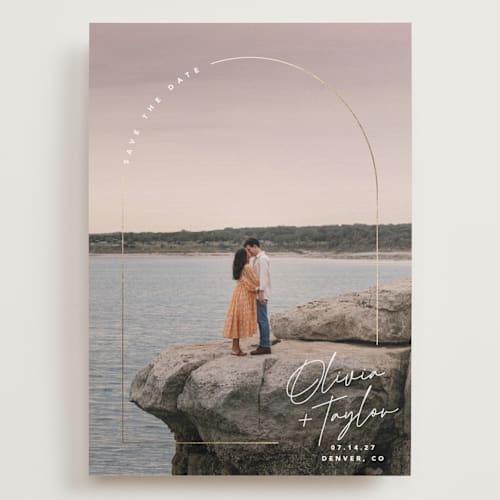 This is a classic foil stamped save the date cards with foil pressed by Kelly Schmidt called arch signature printing on recycled smooth signature in grand