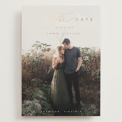 This is a wheat foil stamped save the date cards with foil pressed by Hannah Williams called simply classic printing on recycled smooth signature in grand