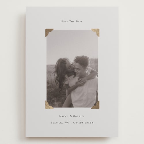 This is a cream foil stamped save the date cards with foil pressed by Jenny Millington called scrapbook frame printing on recycled smooth signature in grand