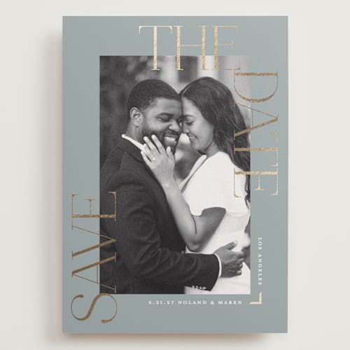 This is a pebble foil stamped save the date cards with foil pressed by Susan Zinader called picturesque printing on recycled smooth signature in grand