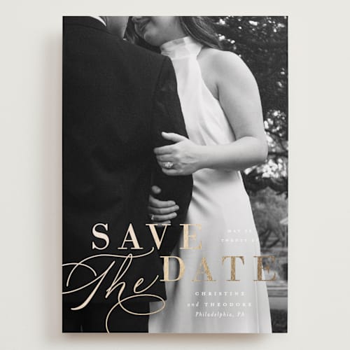 This is a cloud foil stamped save the date cards with foil pressed by Ashley Rosenbaum called composition printing on recycled smooth signature in grand