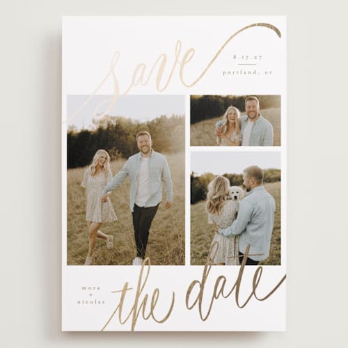 This is a veil foil stamped save the date cards with foil pressed by Elsa Duncan called tri-photo save the date printing on recycled smooth signature in grand