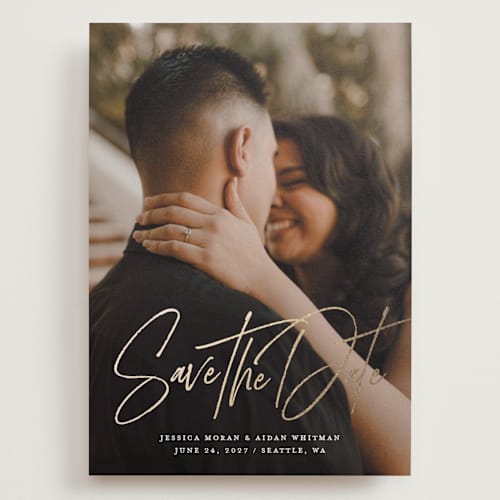 This is a powder foil stamped save the date cards with foil pressed by Sandra Picco Design called willow printing on recycled smooth signature in grand