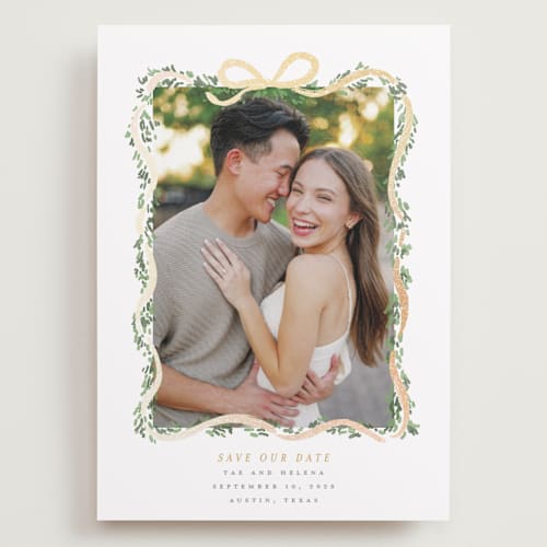 This is a butter foil stamped save the date cards with foil pressed by Itsy Belle Studio called ribbonly frame printing on recycled smooth signature in grand