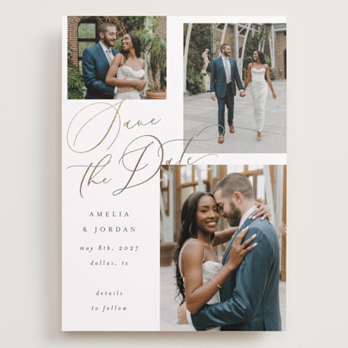 This is a snow foil stamped save the date cards with foil pressed by AK Graphics called whimsy printing on recycled smooth signature in grand