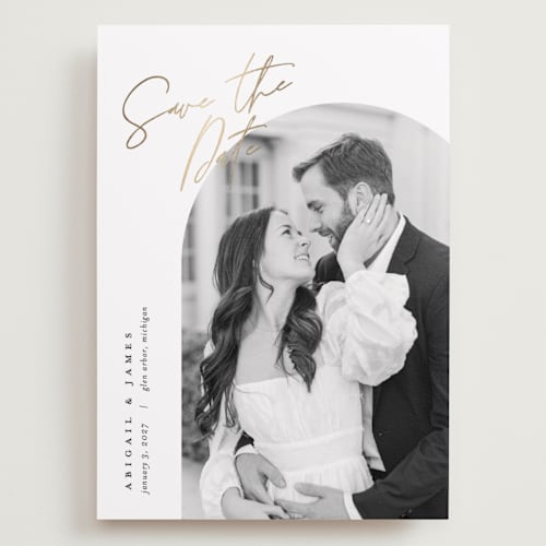 This is a snow foil stamped save the date cards with foil pressed by Pixel and Hank called capture printing on recycled smooth signature in grand