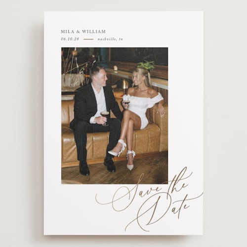 This is a pearl foil stamped save the date cards with foil pressed by Melanie Kosuge called side swept printing on recycled smooth signature in grand