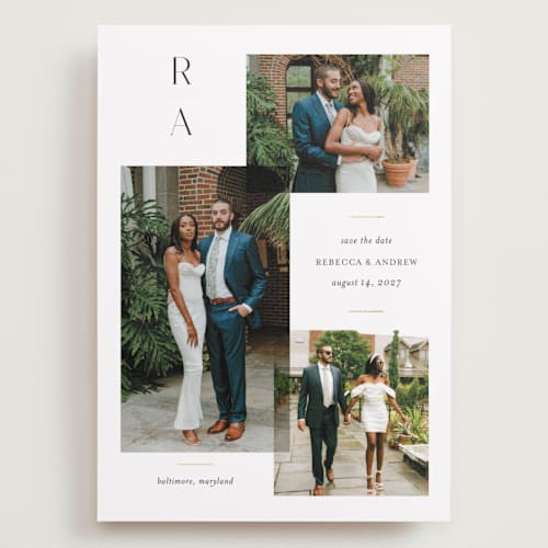 This is a cotton foil stamped save the date cards with foil pressed by Jessica Williams called multiple printing on recycled smooth signature in grand