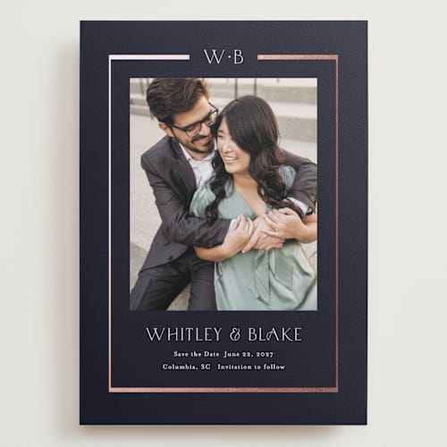 This is a ocean foil stamped save the date cards with foil pressed by Stacey Meacham called luster printing on recycled smooth signature in grand