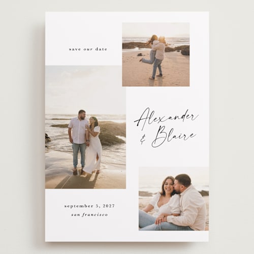 This is a onyx save the date with standard by Kate Ahn called bondi printing on recycled smooth signature in grand
