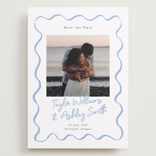 This is a dusty blue save the date with standard by Cass Loh called handdrawn wavy frame printing on recycled smooth signature in grand