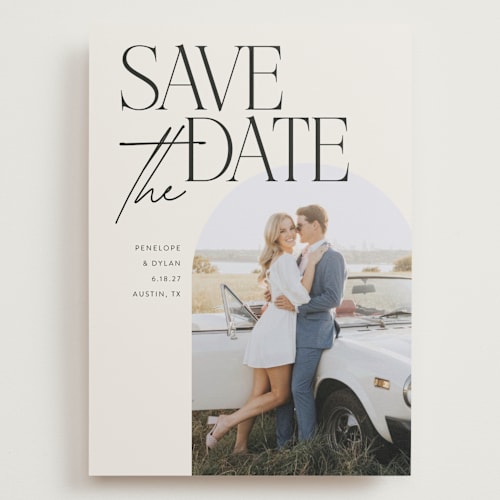 This is a ecru save the date with standard by Morgan Kendall called penelope printing on recycled smooth signature in grand