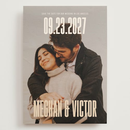 This is a honey save the date with standard by letterfix called ensemble printing on recycled smooth signature in grand