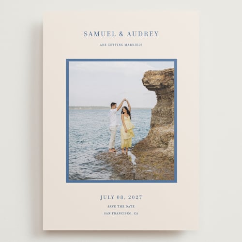 This is a beach blue save the date with standard by Ani Somi called bermuda printing on recycled smooth signature in grand