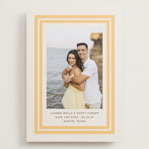 This is a sunflower save the date with standard by Megan Davis called negroni printing on recycled smooth signature in grand