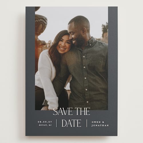 This is a midnight save the date with standard by Pixel and Hank called passionate printing on recycled smooth signature in grand