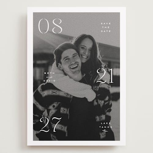 This is a classic save the date with standard by Olivia Kanaley Inman called elements printing on recycled smooth signature in grand