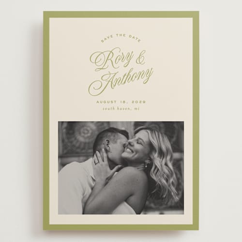 This is a olive save the date with standard by Ellen Schlegelmilch called rory printing on recycled smooth signature in grand