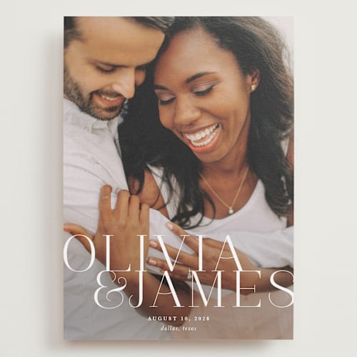 This is a pearl save the date with standard by Lauren Chism called this couple printing on recycled smooth signature in grand