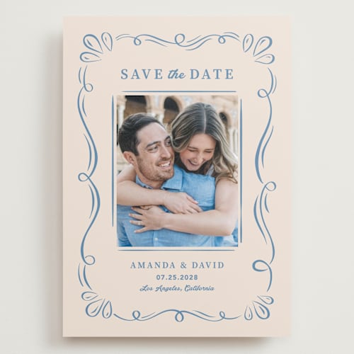 This is a dusty blue save the date with standard by Lucia Saisse called happy day printing on recycled smooth signature in grand