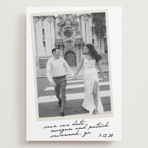 This is a ivory save the date with standard by Maja Cunningham called venecia printing on recycled smooth signature in grand