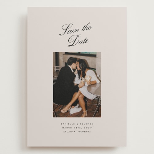 This is a clay save the date with standard by Olivia Kanaley Inman called hayworth printing on recycled smooth signature in grand