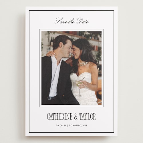 This is a silk save the date with standard by Kelly Schmidt called formal minimalist printing on recycled smooth signature in grand