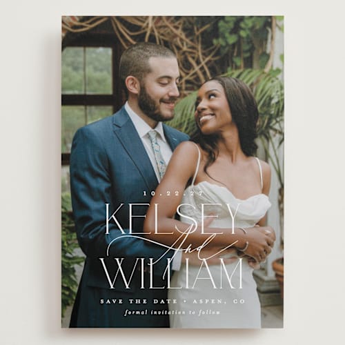 This is a pearl save the date with standard by Brooke Chandler called l'amour printing on recycled smooth signature in grand