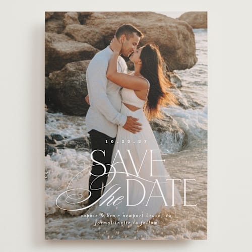 This is a pearl save the date with standard by Brooke Chandler called novella printing on recycled smooth signature in grand