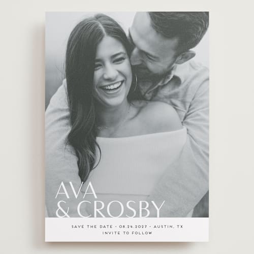 This is a obsidian save the date with standard by Jennifer Postorino called bold names printing on recycled smooth signature in grand