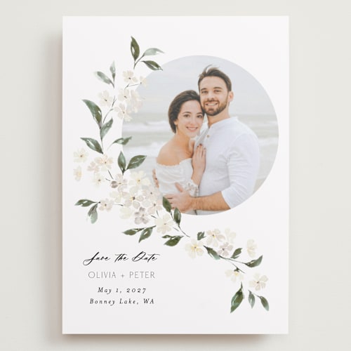 This is a porcelain save the date with standard by Itsy Belle Studio called sweeping vine printing on recycled smooth signature in grand