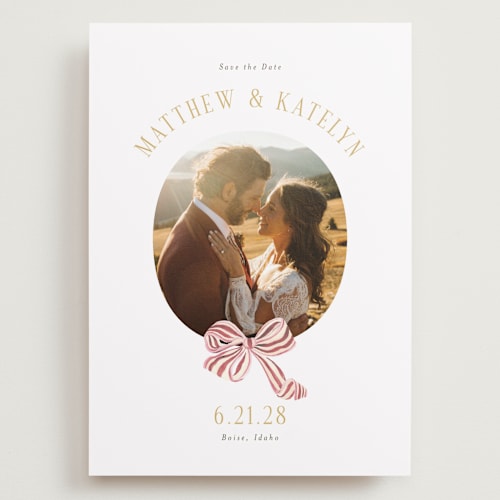 This is a rose save the date with standard by Itsy Belle Studio called ruban en fleur printing on recycled smooth signature in grand