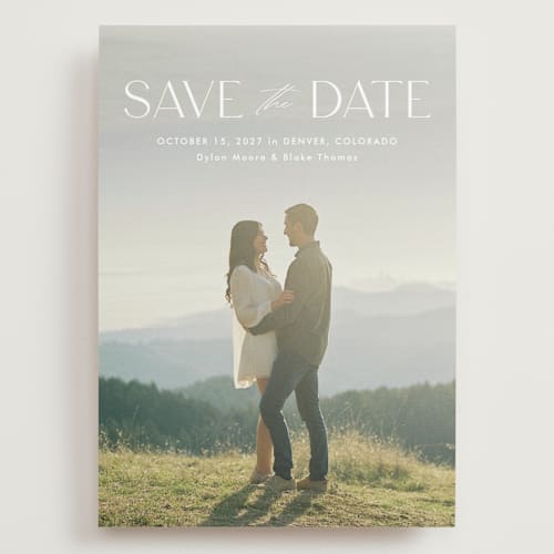 This is a cloud save the date with standard by Kate Ahn called monterosso printing on recycled smooth signature in grand