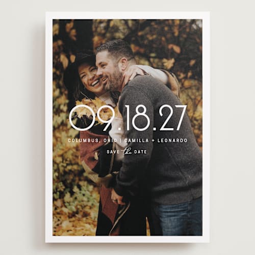 This is a snow save the date with standard by Lisa Assenmacher called presenting printing on recycled smooth signature in grand