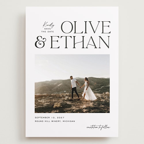 This is a pearl save the date with standard by Owl and Toad called casual printing on recycled smooth signature in grand