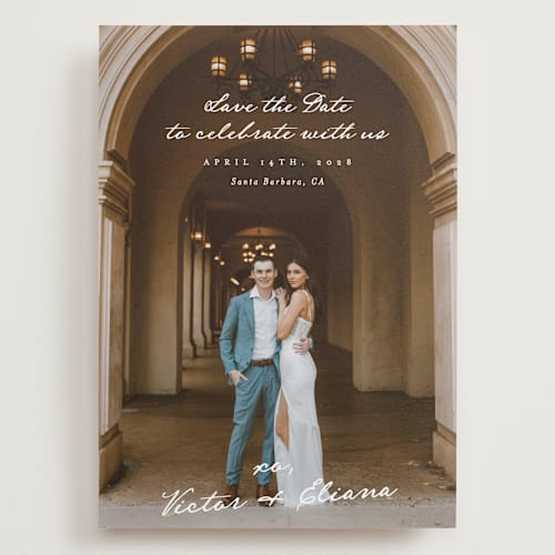 This is a ivory save the date with standard by Alethea and Ruth called celebration xo printing on recycled smooth signature in grand
