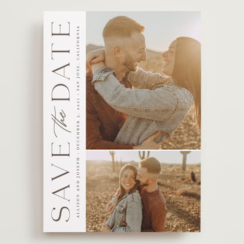 This is a taupe save the date with standard by Kristen Smith called atlas printing on recycled smooth signature in grand