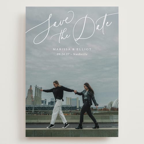 This is a pearl save the date with standard by Kaydi Bishop called on the horizon printing on recycled smooth signature in grand