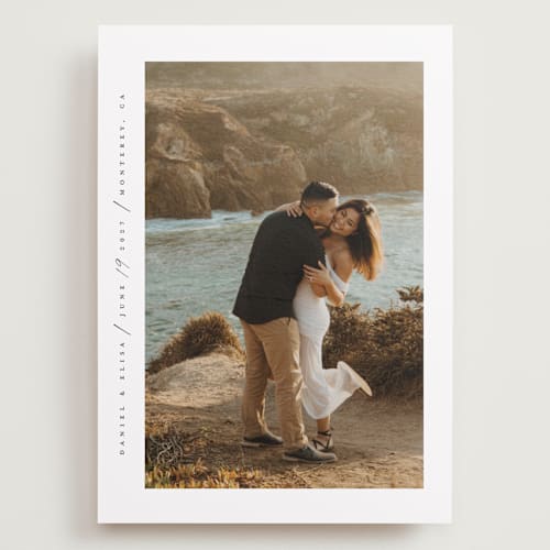 This is a blanc save the date with standard by Faith Dorn called scripted date printing on recycled smooth signature in grand