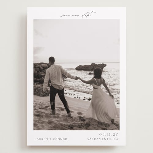 This is a pearl save the date with standard by Nicole Walsh called pano printing on recycled smooth signature in grand