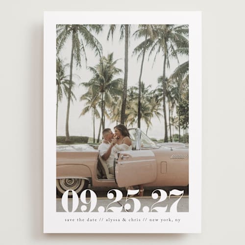 This is a linen save the date with standard by Ashley Cuccio called malibu dreams printing on recycled smooth signature in grand