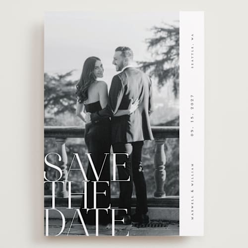 This is a pearl save the date with standard by Ana de Sousa called editorial lettering printing on recycled smooth signature in grand