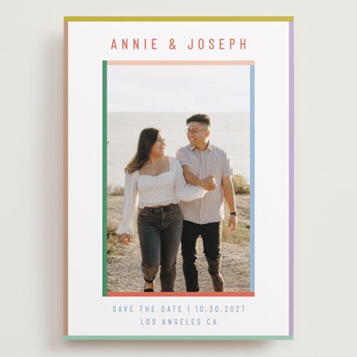 This is a candy save the date with standard by Kelly Watkins called color frame printing on recycled smooth signature in grand