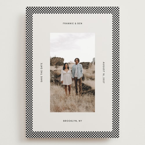This is a graphic save the date with standard by Inkblot Design called checked in printing on recycled smooth signature in grand