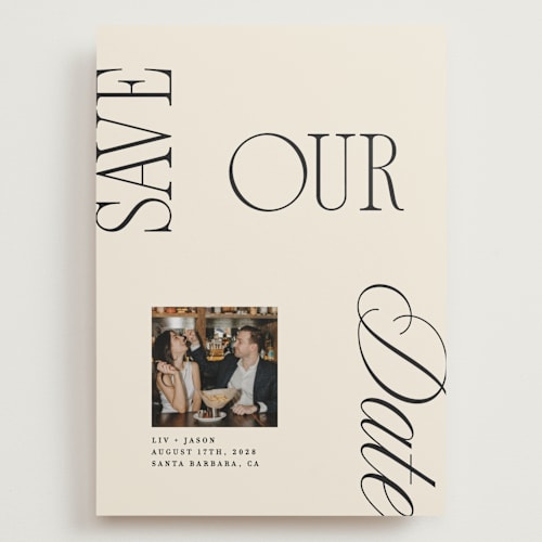 This is a buttercream save the date with standard by Olivia Goree called true romance printing on recycled smooth signature in grand