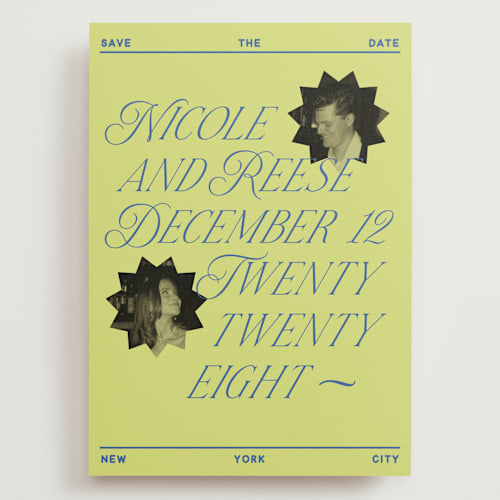 This is a chartreuse save the date with standard by Jennifer Lew called communiqué printing on recycled smooth signature in grand