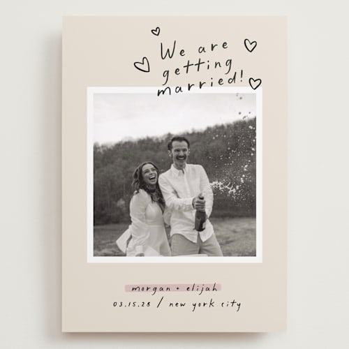 This is a nero save the date with standard by Pati Cascino called surprise! printing on recycled smooth signature in grand