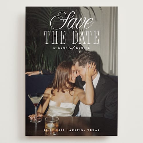 This is a porcelain save the date with standard by Maria Alou called his & hers printing on recycled smooth signature in grand